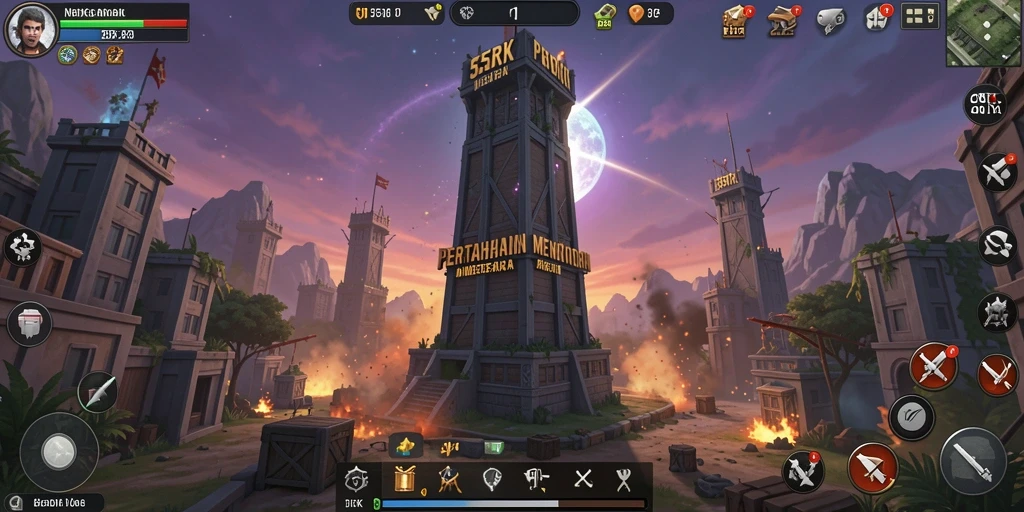 Screenshot gameplay 55RK menampilkan pertahanan menara yang strategis.