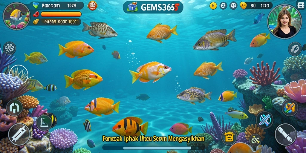 Tampilan menarik dari gameplay GEMS365 yang menampilkan berbagai jenis ikan.