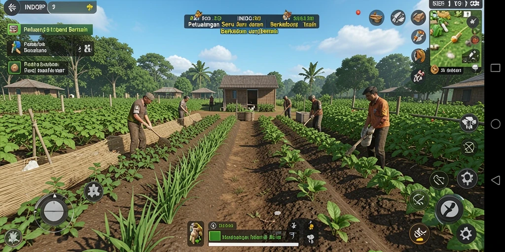 Tangkapan layar yang menampilkan gameplay berkebun dalam INDORP dengan aktivitas menyenangkan.