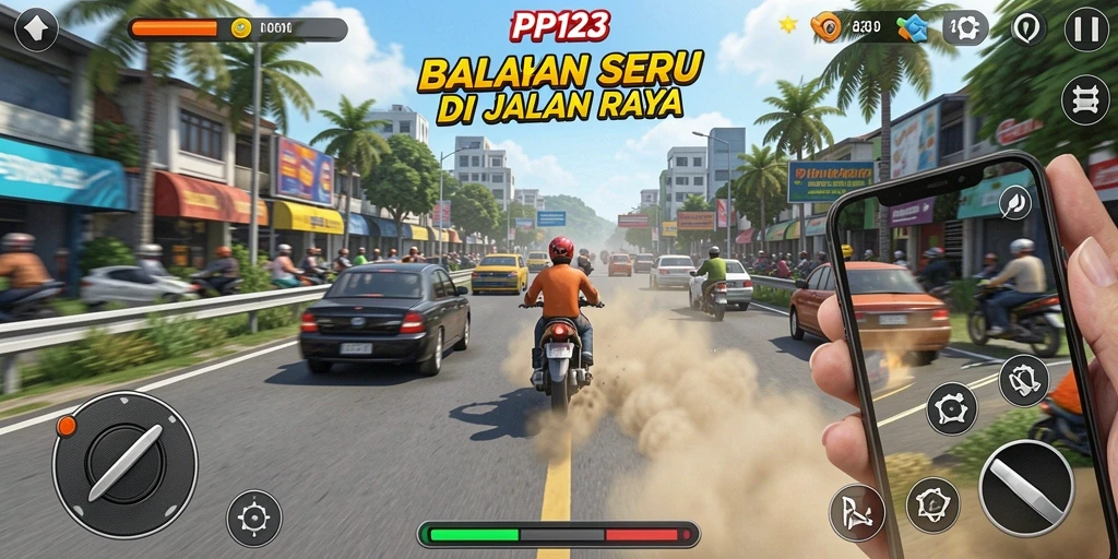 Tangkapan layar dari gameplay seru PP123 menampilkan balapan mendebarkan di jalan raya.