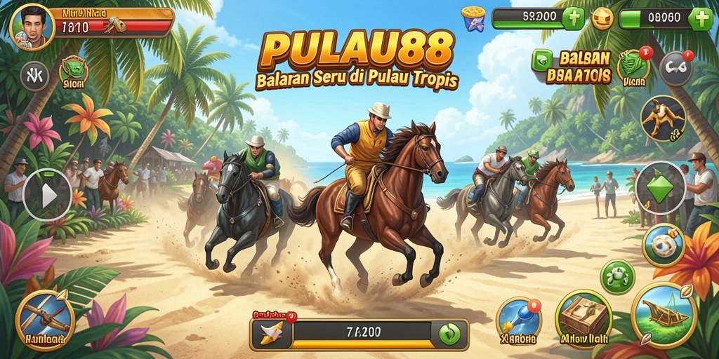 Tampilan gameplay seru PULAU88 saat balapan di pulau tropis.