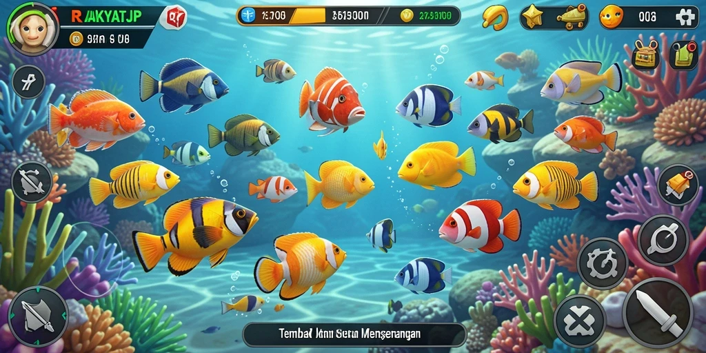 Screenshot RAKYATJP menampilkan aksi menembak ikan yang mengasyikkan.